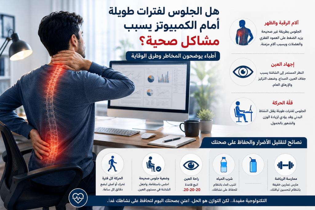 هل الجلوس لفترات طويلة أمام الكمبيوتر يسبب مشاكل صحية؟ أطباء يوضحون المخاطر